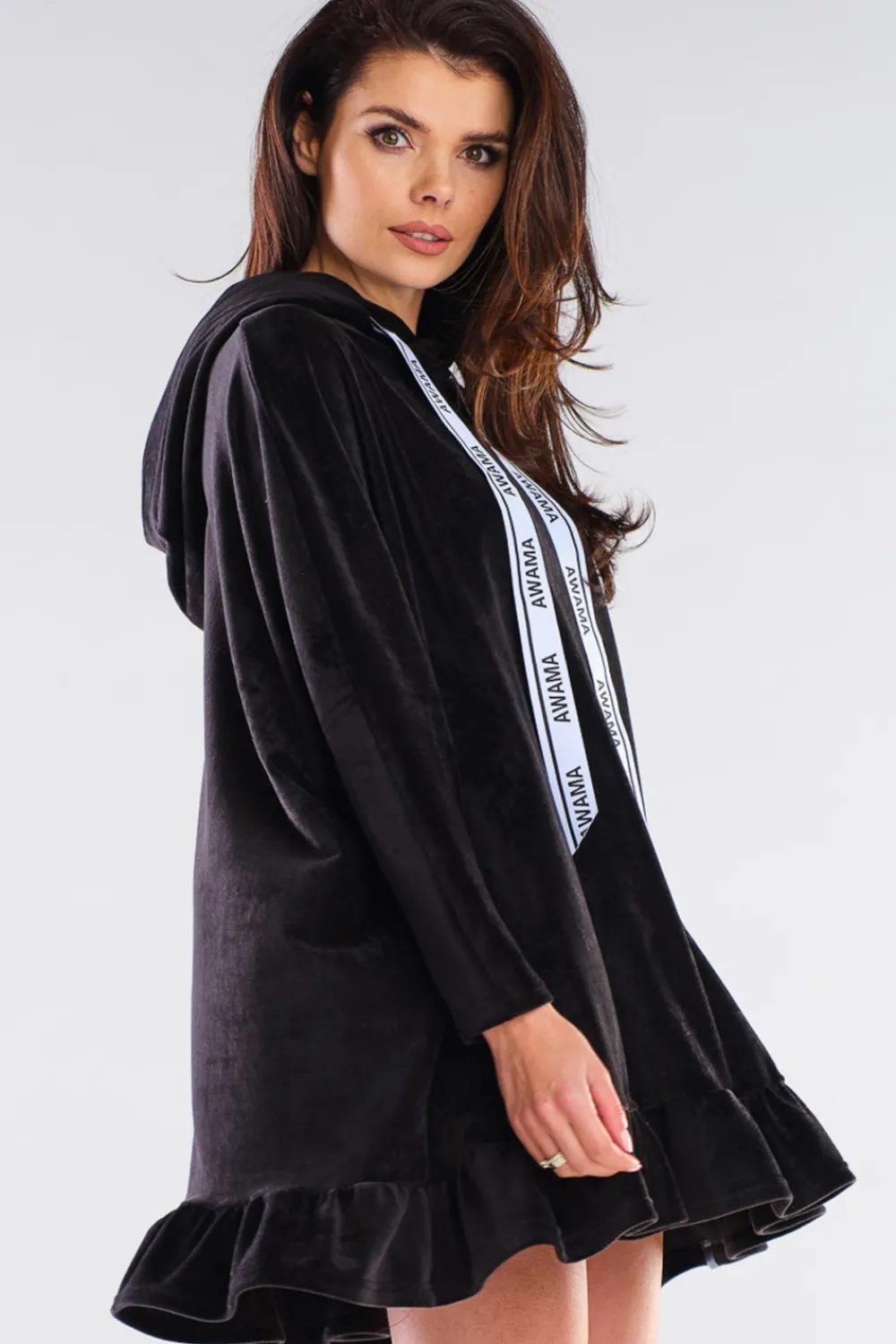 Hot Welurowa bluza oversize z falbanką - czarna Odzież Casualowa|Bluzy