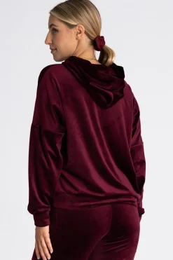 Outlet Welurowa bluza z kieszenią kangurek - bordowa Odzież Casualowa|Bluzy