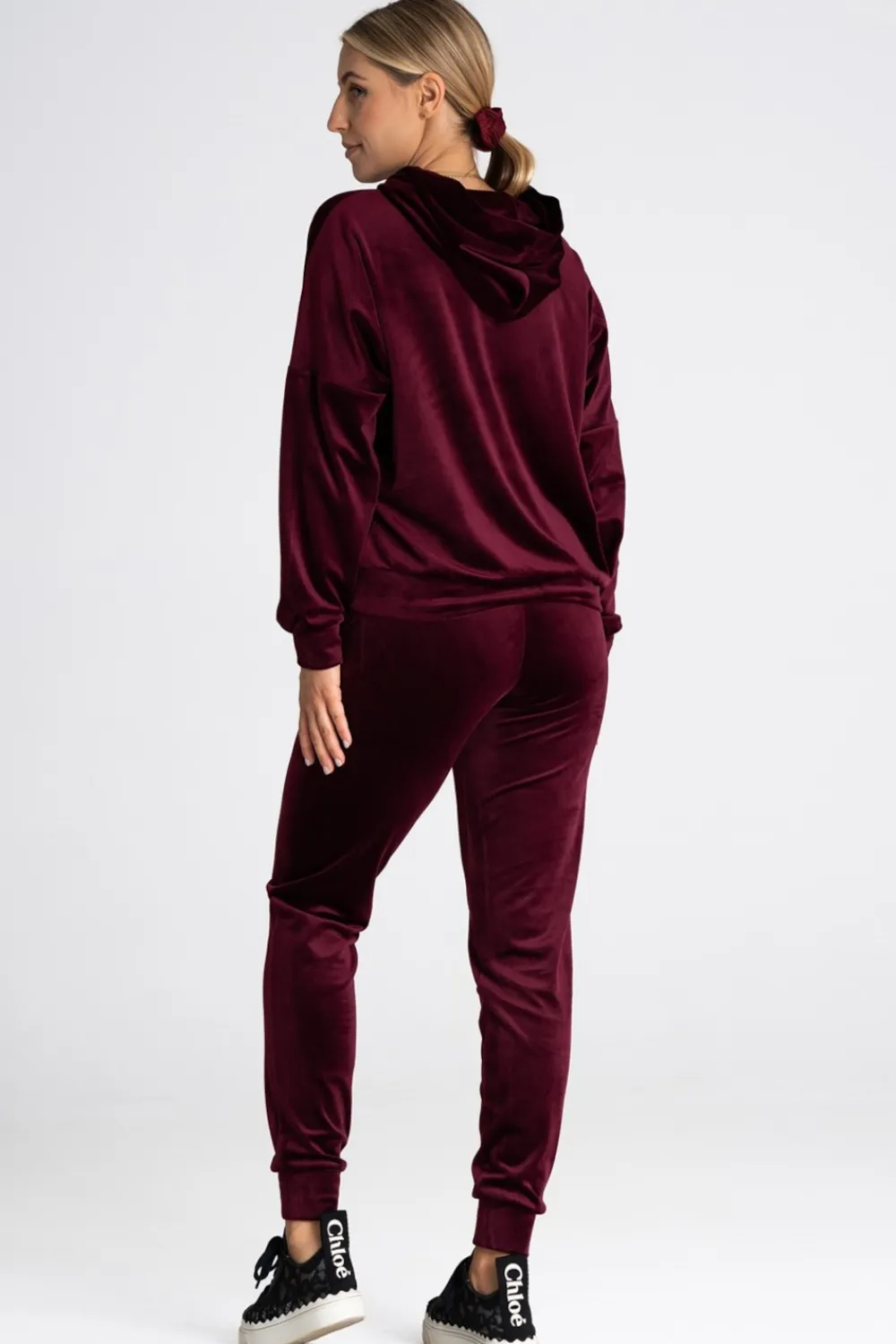 Outlet Welurowa bluza z kieszenią kangurek - bordowa Odzież Casualowa|Bluzy