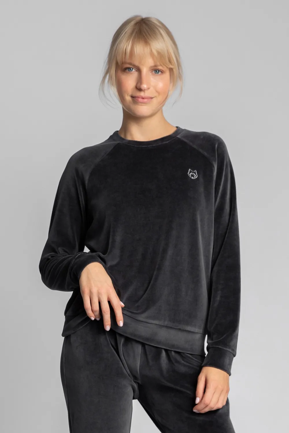 Sale Welurowa bluza z raglanowymi rękawami - grafitowa Odzież Casualowa|Bluzy