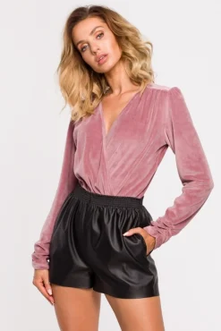 Discount Weurowe body z dekote na zakładkę - brudny róż Body|Bluzki