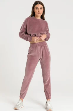 Hot Welurowe spodnie dresowe z wypustką - brudny róż Odzież Casualowa|Spodnie