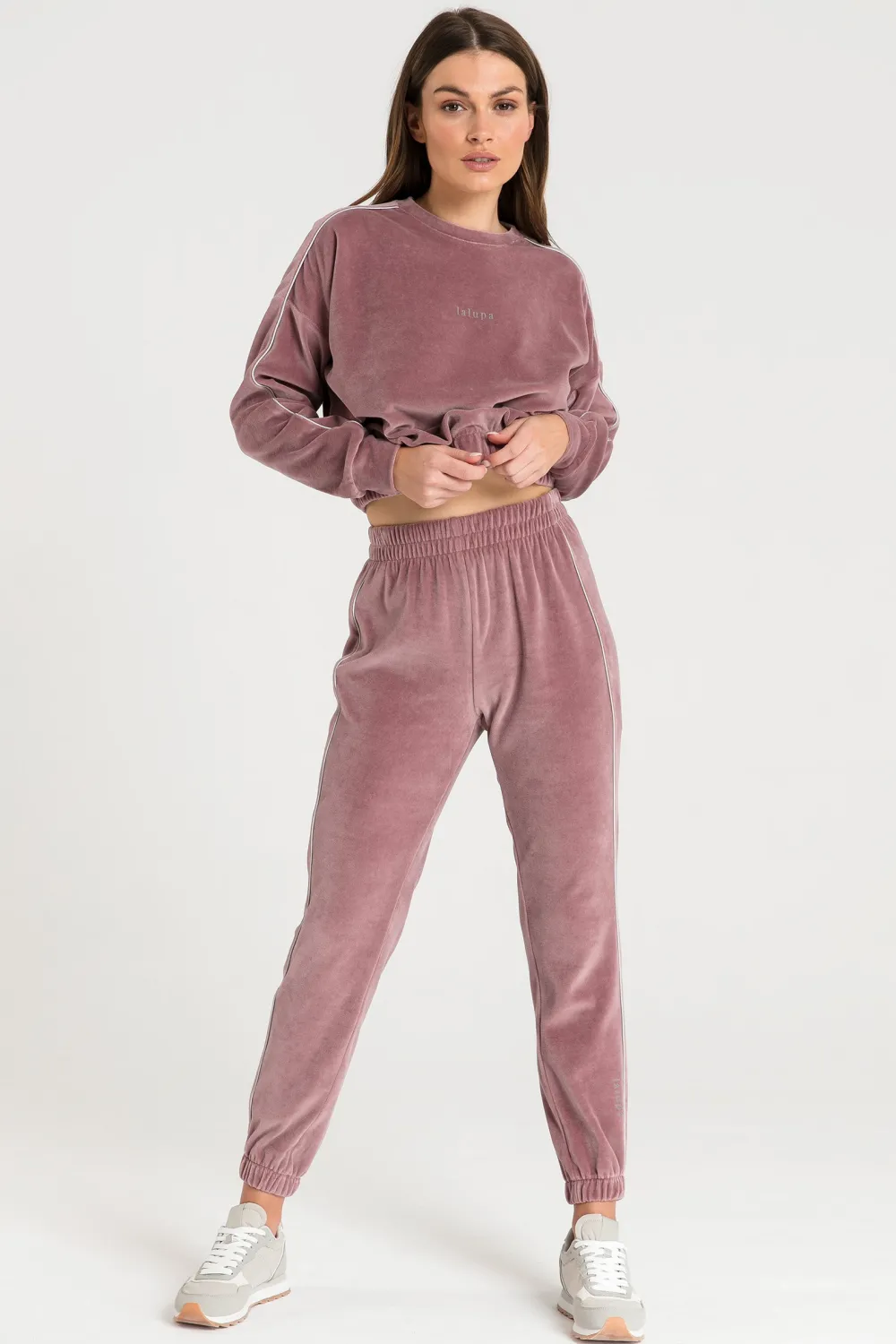 Hot Welurowe spodnie dresowe z wypustką - brudny róż Odzież Casualowa|Spodnie