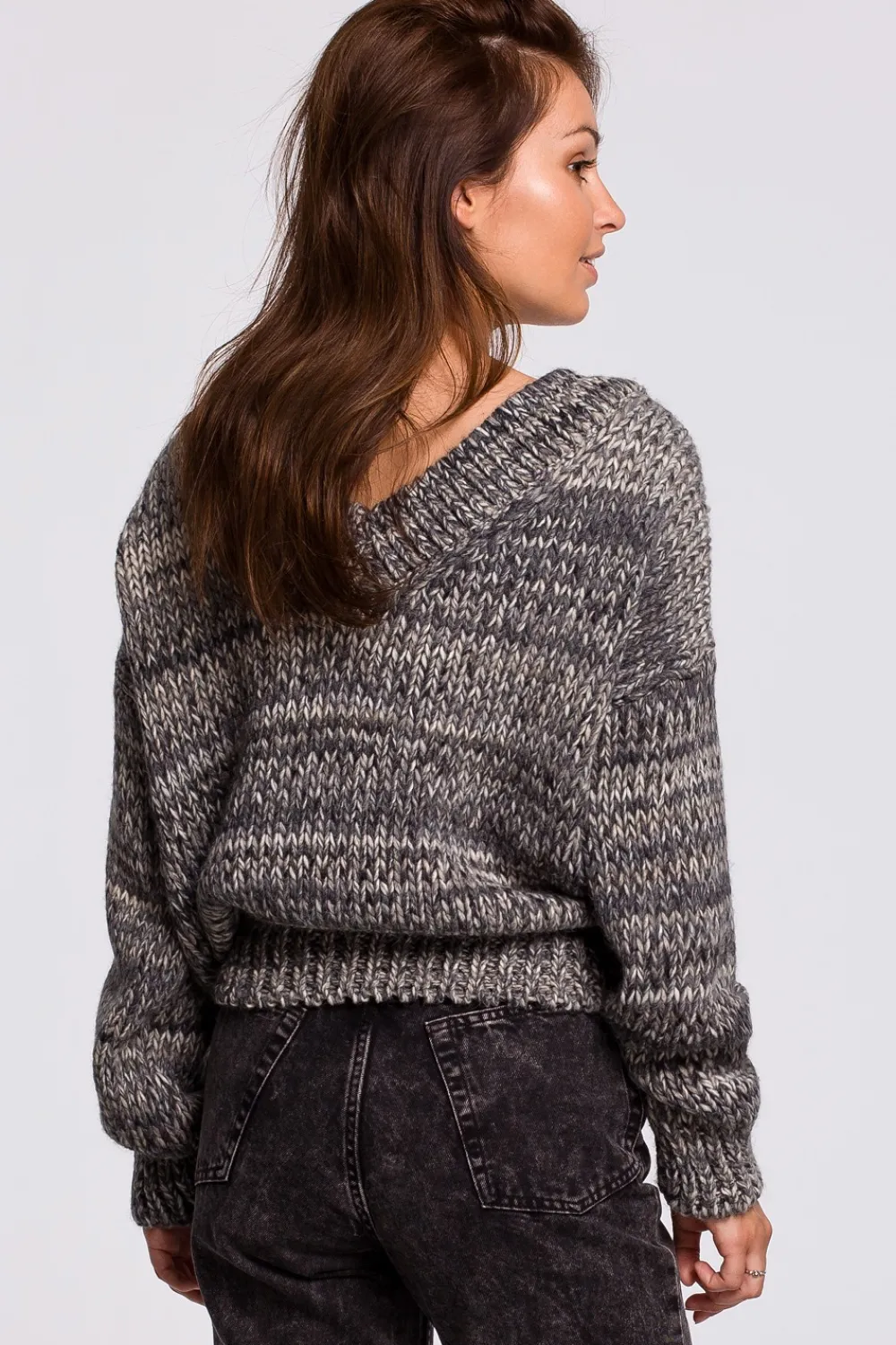 New Wielokolorowy sweter z dekoltem V - szary Swetry