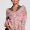 Discount Wielokolorowy sweter z dekoltem V - różowy Swetry