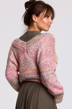 Discount Wielokolorowy sweter z dekoltem V - różowy Swetry