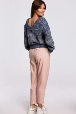 Sale Wielokolorowy sweter z dekoltem V - niebieski Swetry