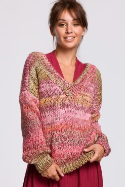 Best Wielokolorowy sweter z dekoltem V - malinowy Swetry