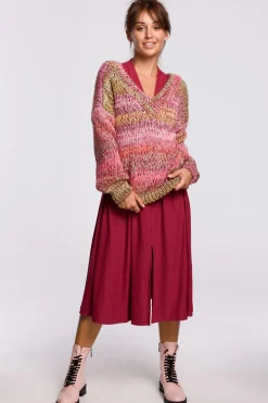 Best Wielokolorowy sweter z dekoltem V - malinowy Swetry