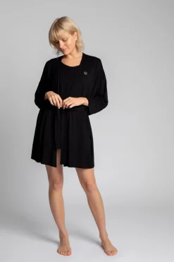 Clearance Wiskozowy szlafrok z paskiem - czarny Szlafroki
