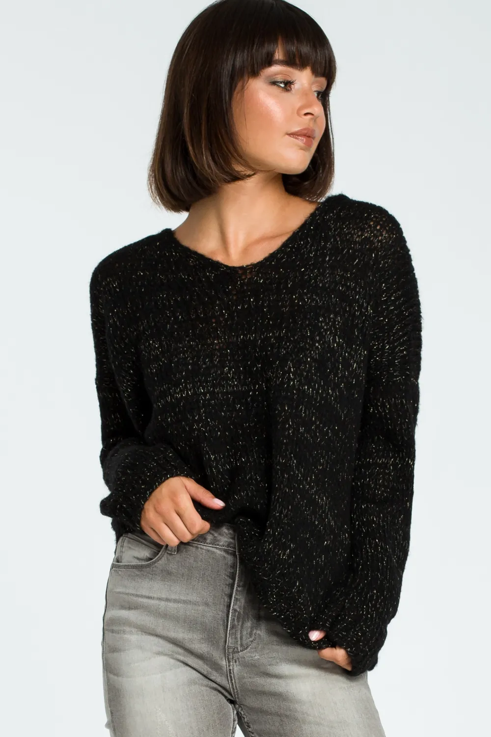 New Wygodny sweter z dużym dekoltem - czarny Swetry