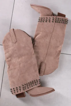 Hot Zamszowe wysokie buty z ćwiekami Allie - brązowe Kozaki|Botki