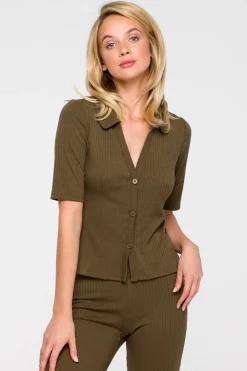 Sale Zapinana buzka z krótki rękawe - khaki Odzież Casualowa|Bluzki