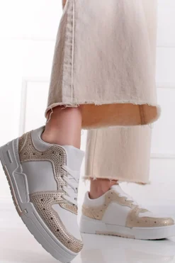 Outlet Złote niskie trampki z dżetami Alesse - biało-złote Sneakersy